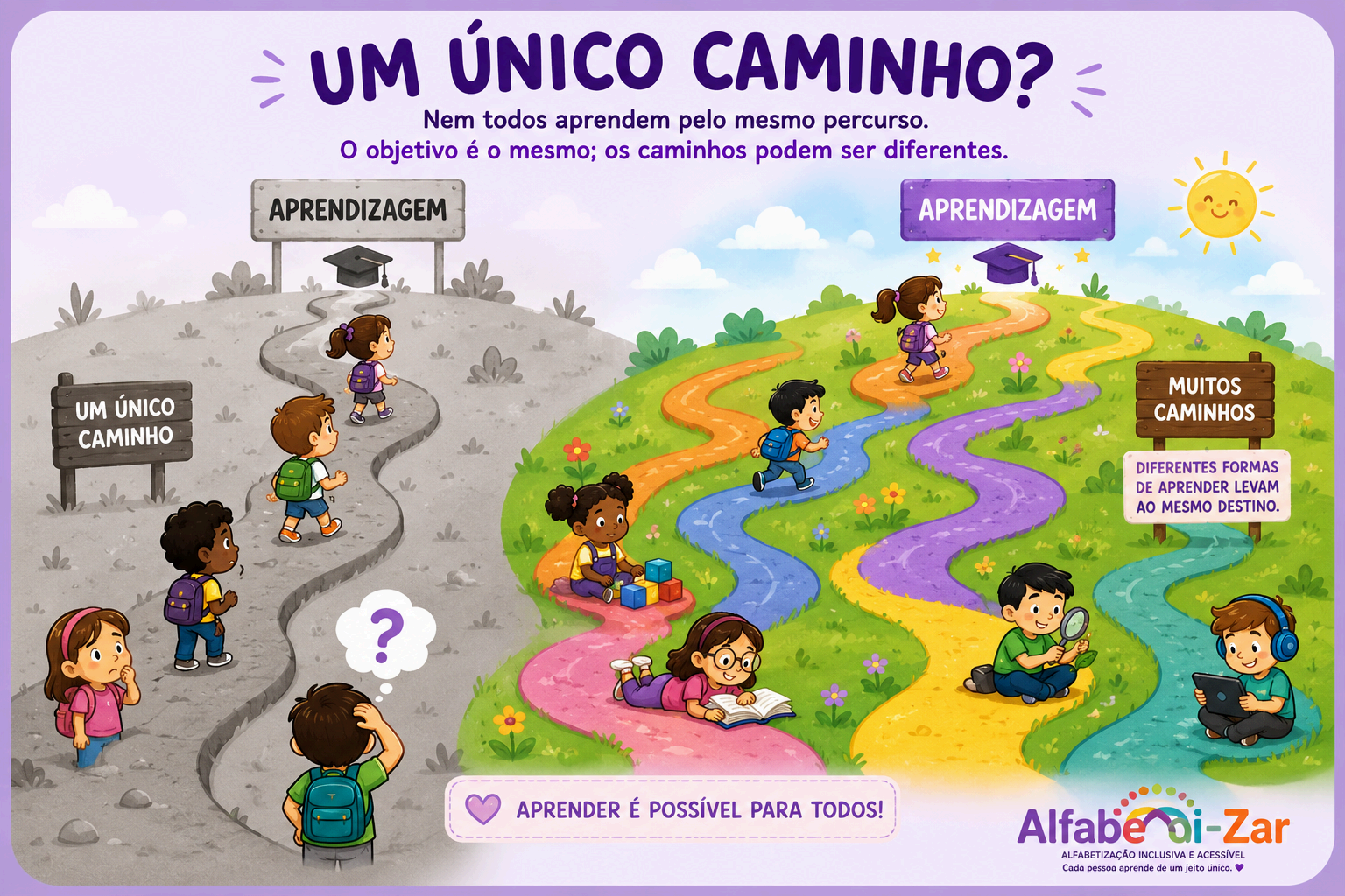 Ilustração 'Um único caminho?' mostrando dois percursos — um cinza e estreito, outro colorido com muitos caminhos — com o lema 'Aprender é possível para todos!'