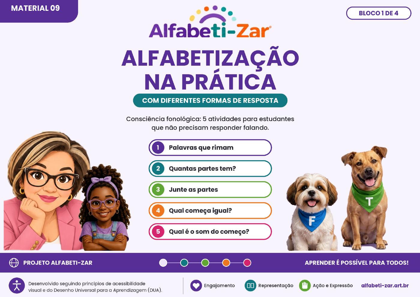 Capa original do Material 09 — Alfabetização na prática com diferentes formas de resposta, Bloco 1 de 4 — Consciência fonológica, do Projeto Alfabeti-Zar.