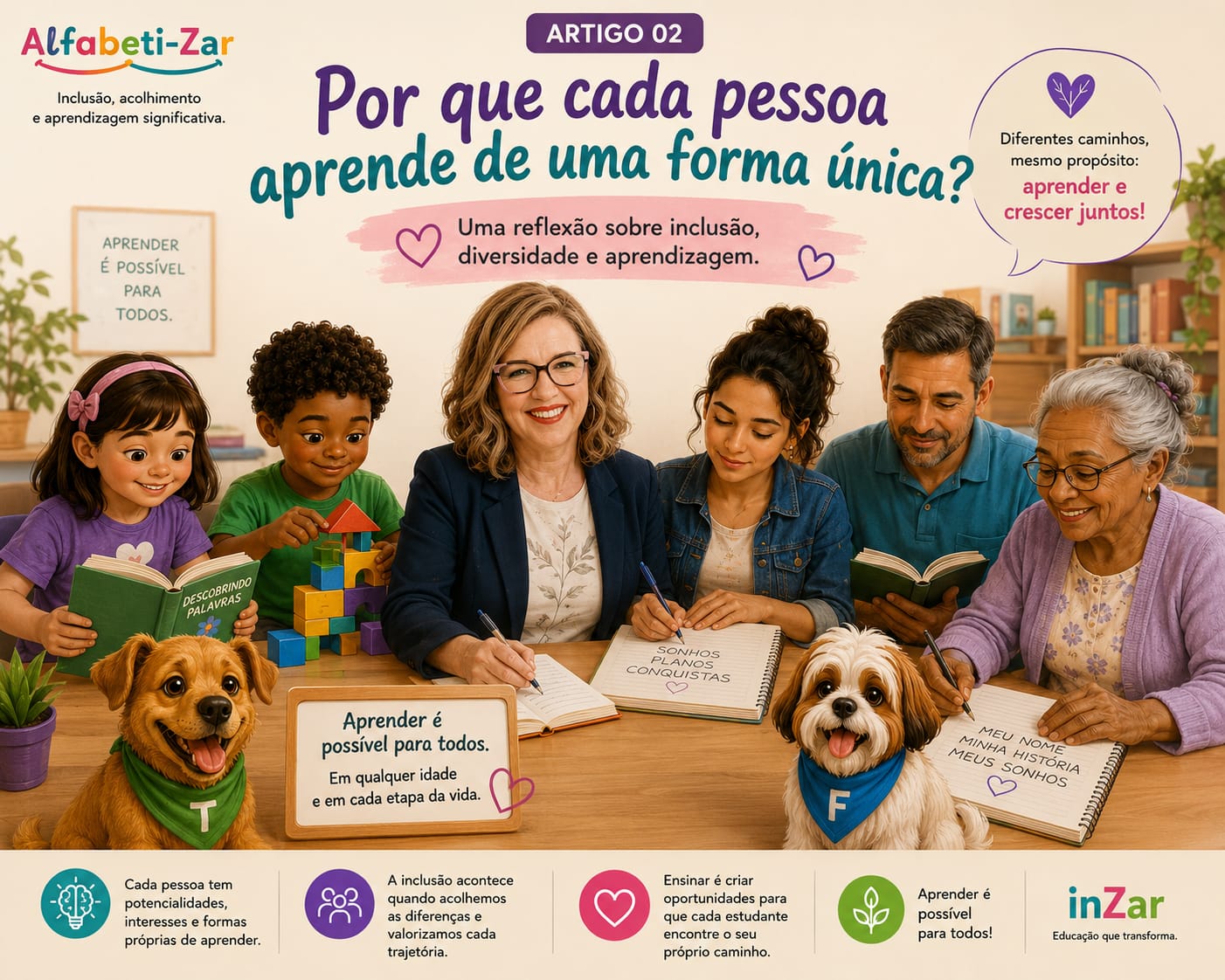 Capa do Artigo 02 do Alfabeti-Zar — Rosana de Paulo Pereira ao lado de crianças, jovens, adultos e idosos, todos escrevendo e aprendendo juntos, com a frase Aprender é possível para todos