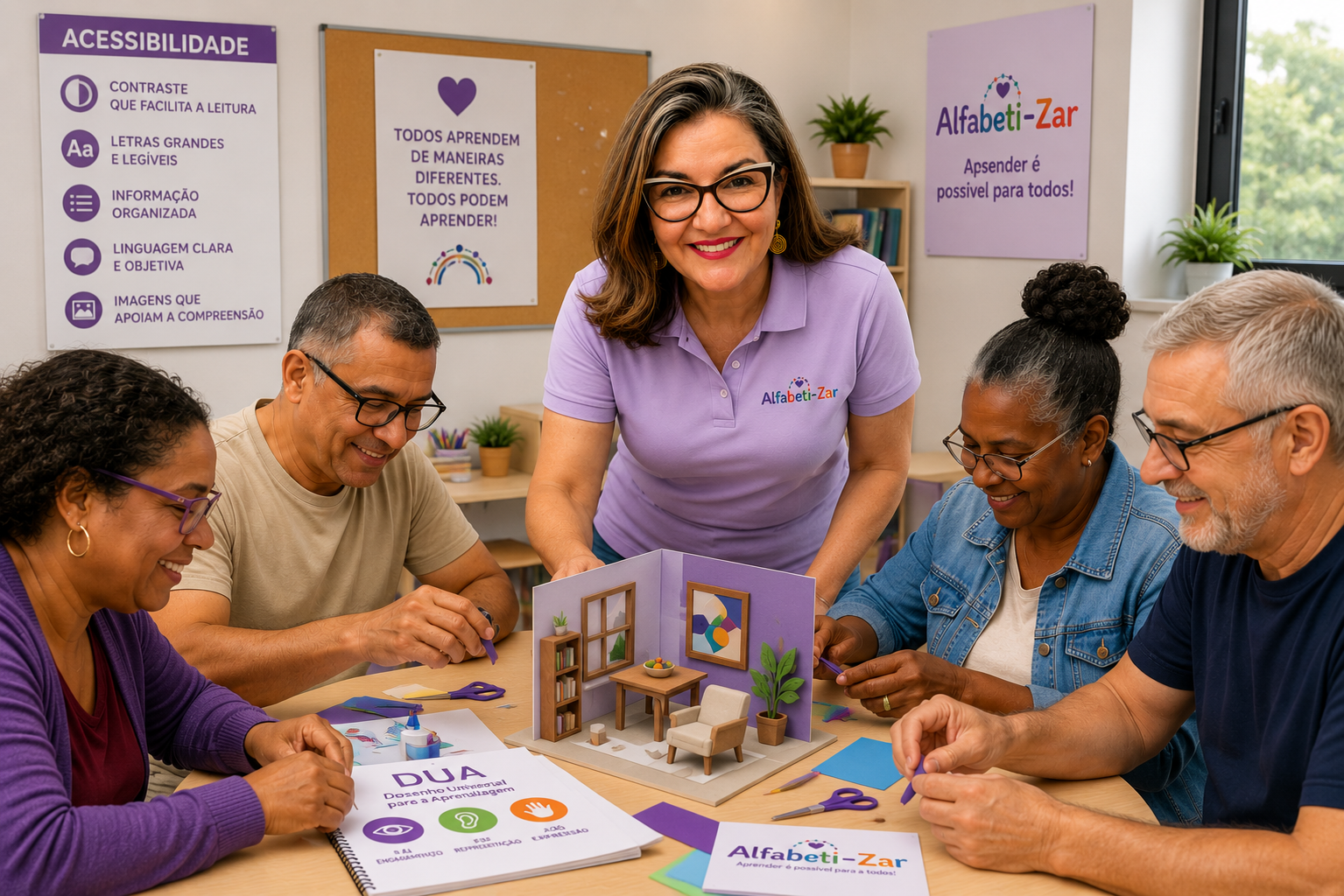 Professora e estudantes da Educação de Jovens e Adultos participando de uma atividade concreta inspirada nos princípios do Desenho Universal para a Aprendizagem.