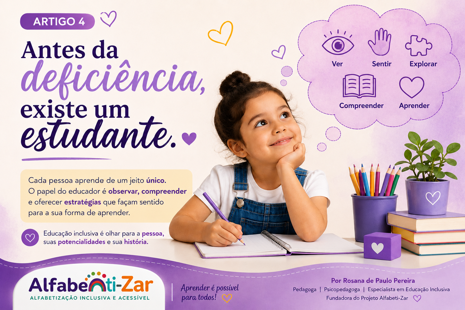 Capa do Artigo 04 do Alfabeti-Zar — Menina sorridente com caderno e lápis coloridos, ao lado da frase 'Antes da deficiência, existe um estudante'.