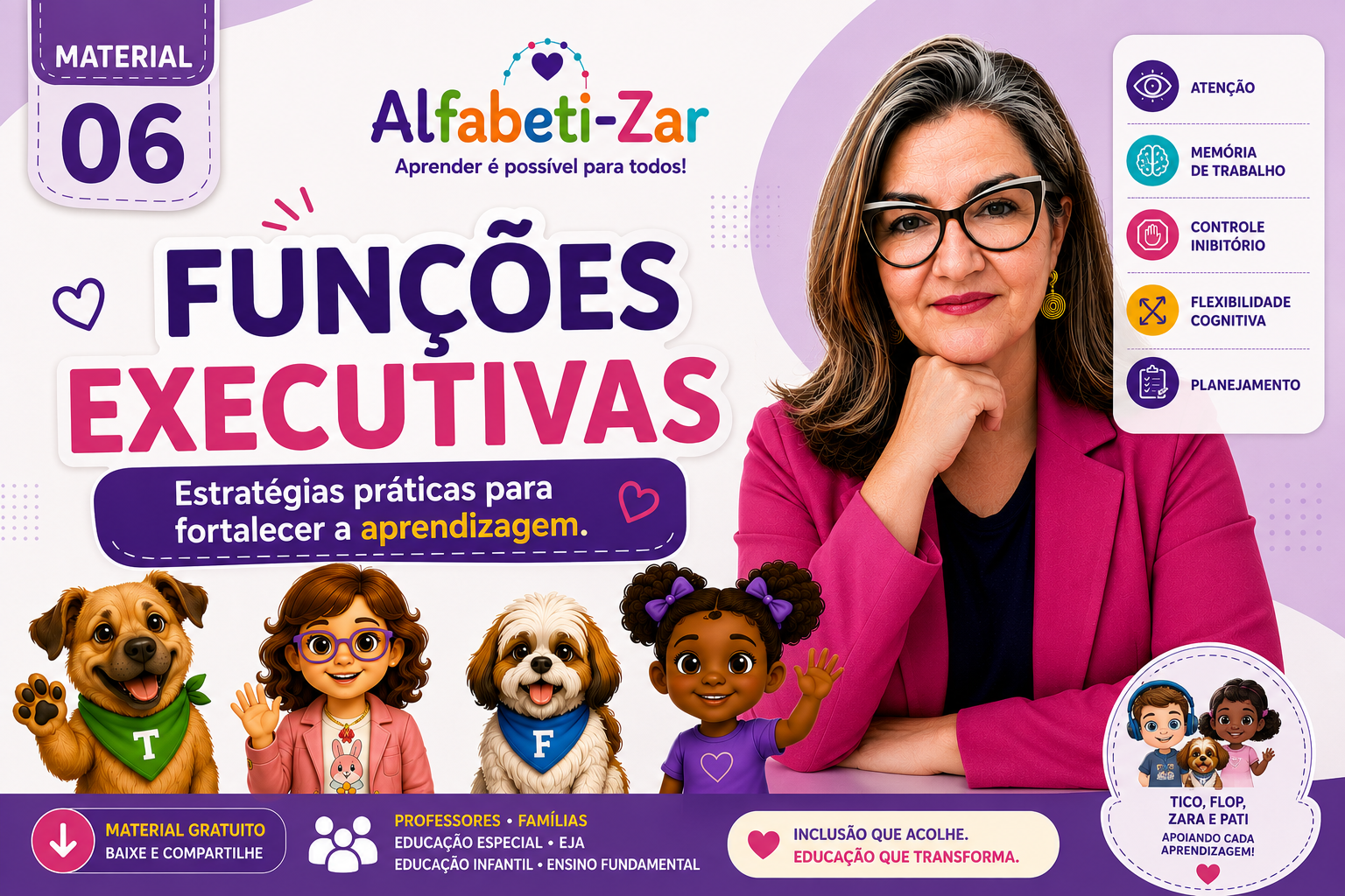 Capa do Material 06 do Alfabeti-Zar — Funções Executivas: estratégias práticas para fortalecer a aprendizagem.