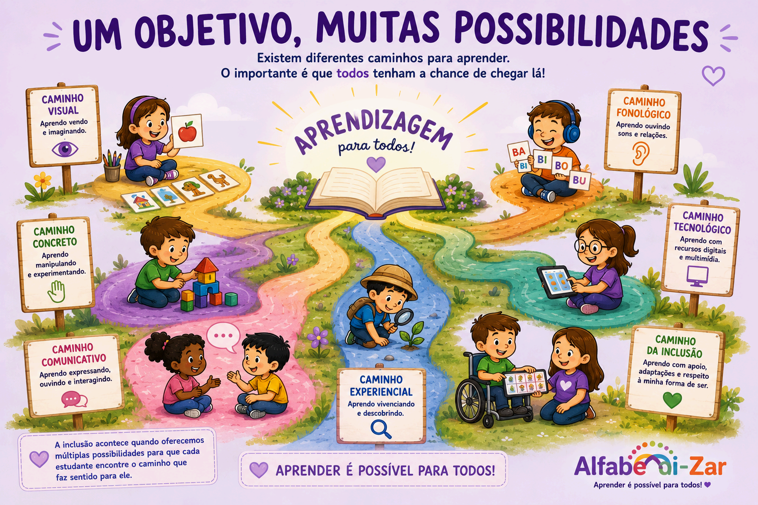 Infográfico 'Um objetivo, muitas possibilidades' apresentando os caminhos visual, fonológico, concreto, tecnológico, comunicativo, experiencial e da inclusão em torno da mensagem 'Aprendizagem para todos'.