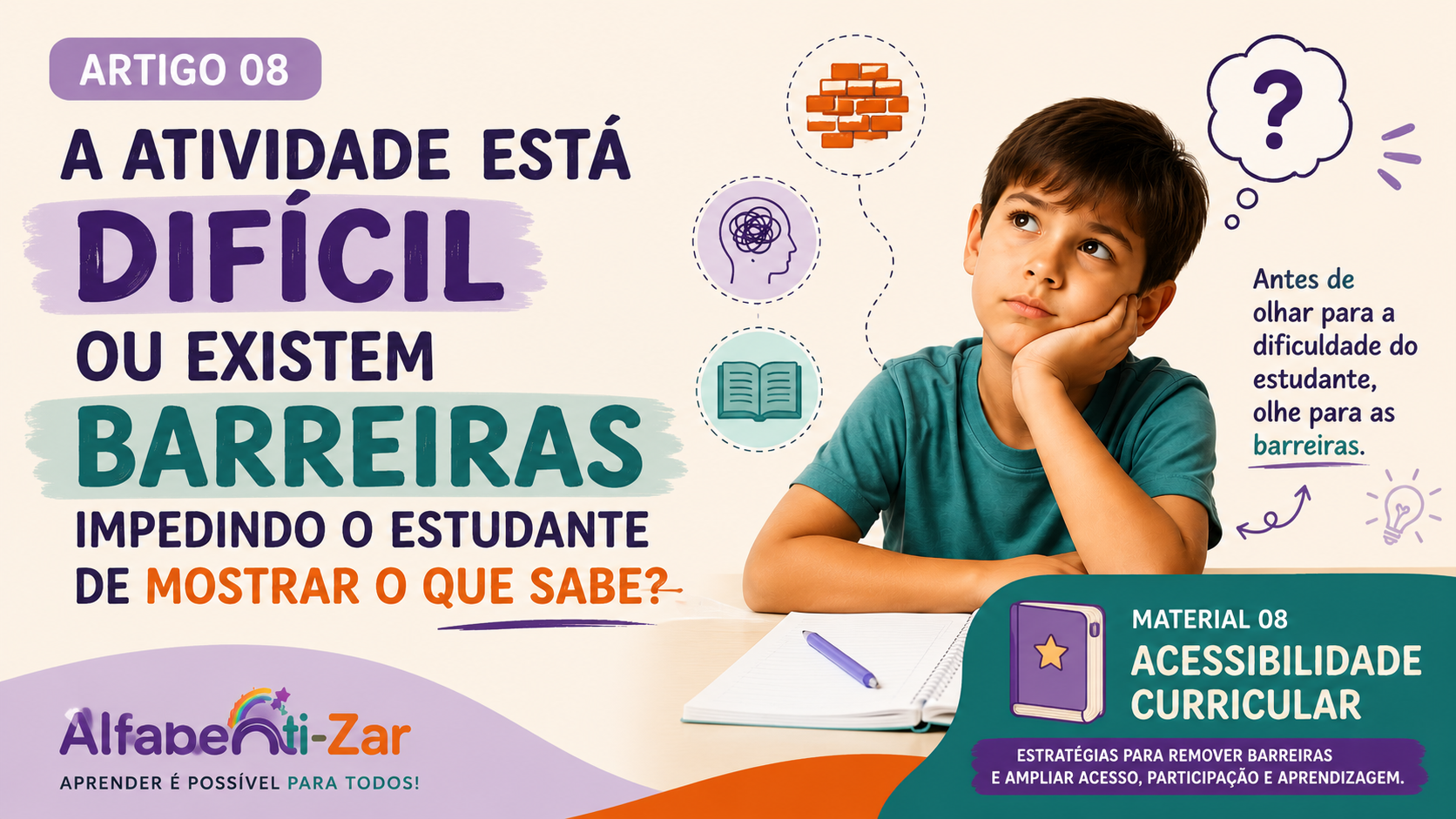 Capa do Artigo 08 do Alfabeti-Zar — Estudante pensativo diante de um caderno, ao lado da frase 'A atividade está difícil ou existem barreiras impedindo o estudante de mostrar o que sabe?' e da referência ao Material 08 — Acessibilidade Curricular.